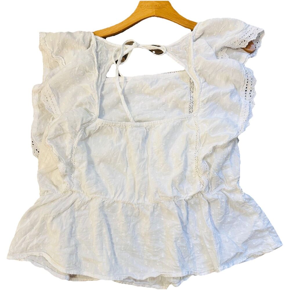 Old Navy Embroidered Top Blouse Peasant Flutter Sleeve SZ L Cotton White Boho - Picture 8 of 9